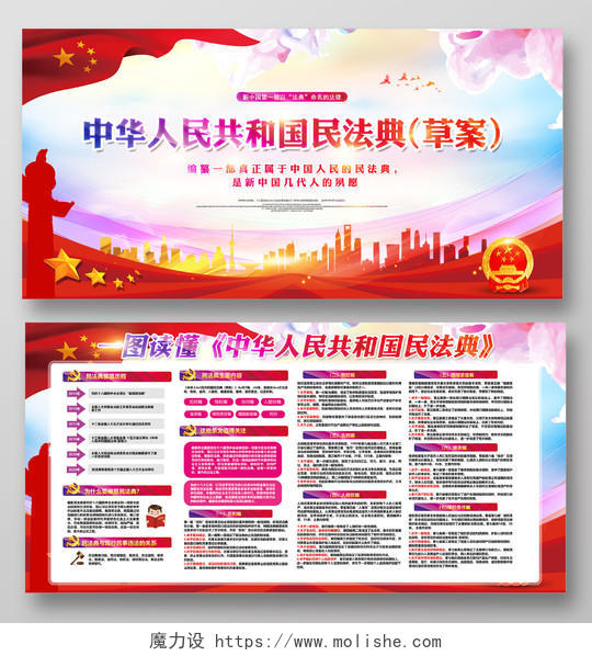 红色水彩党建党政党课一图读懂中华人民共和国民法典草案展板